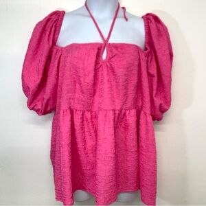 Future Collective Top Woman 3X Pink Boho Empire Puff Sleeve Square Neck Key Hole